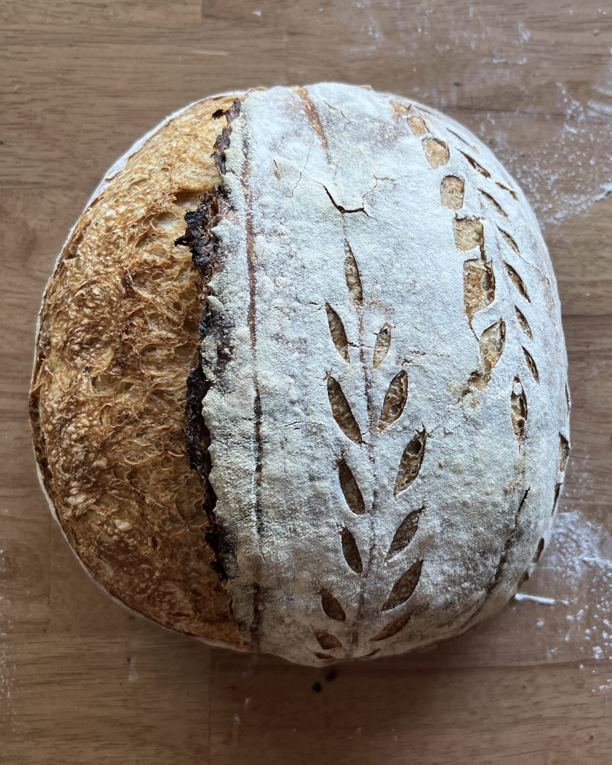 6 loaves of sourdough bread with patterned scoring